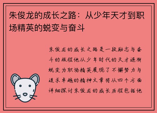 朱俊龙的成长之路：从少年天才到职场精英的蜕变与奋斗